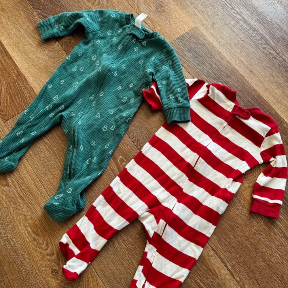 Carter's Red and White Striped & Teal Heart Print Footies